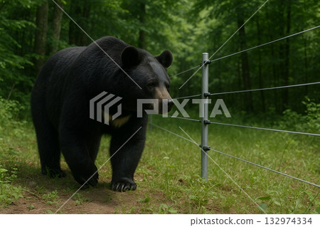 Asiatic black bear approaching electric fence, animal damage control, wild animals, bear damage, bear control 132974334