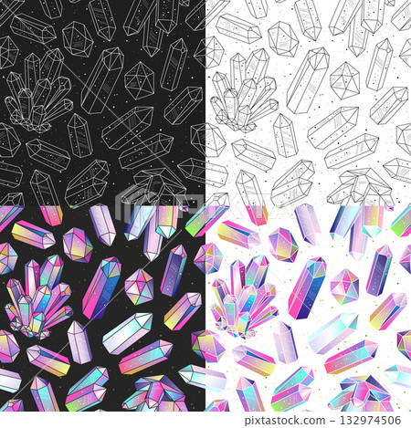 Seamless patterns set with colorful and black and white outline crystals gems Seamless patterns set with colorful and black and white outline crystals gems 132974506