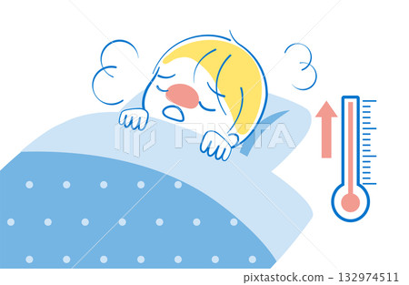 A boy resting in bed with a fever, the thermometer rising A boy resting in bed with a fever, the thermometer rising 132974511