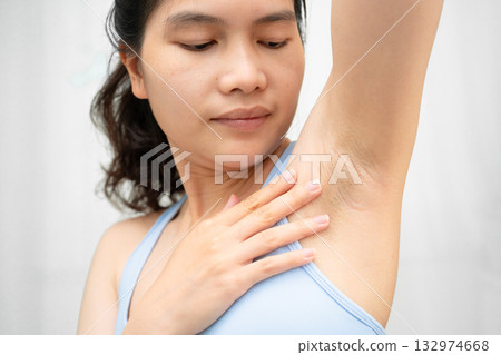 Asian woman have problem black armpit beauty skin care. Asian woman have problem black armpit beauty skin care. 132974668