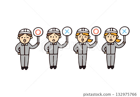 Illustration set of workers holding correct and incorrect answers 132975766