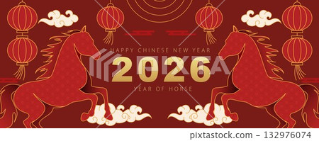 Chinese New Year 2026 celebration with golden horse zodiac, red festive background, lanterns, traditional patterns, clouds, and lucky decorations for Lunar New Year design. 132976074