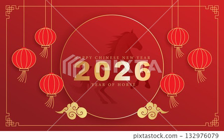 Chinese New Year 2026 celebration with golden horse zodiac, red festive background, lanterns, traditional patterns, clouds, and lucky decorations for Lunar New Year design. Chinese New Year 2026 celebration with golden horse zodiac, red festive background, lanterns, traditional patterns, clouds, and lucky decorations for Lunar New Year design. 132976079
