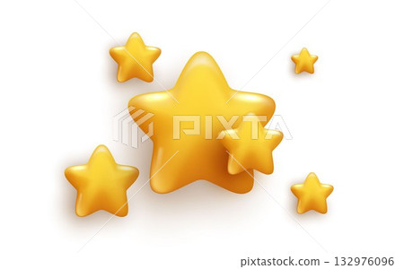 3D yellow stars different shapes on white background. stars glossy colors. realistic 3d design cartoon style for christmas with decorative holiday elements. vector design. 132976096