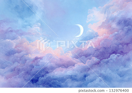 Moon and clouds pastel watercolor background 132976400