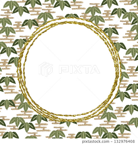 [Bamboo and gold round frame] Hand-embroidered illustration material 132976408