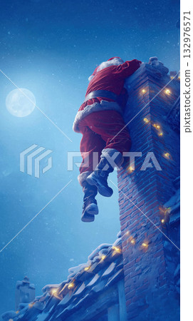 Santa climbing into snowy chimney under full moon 132976571