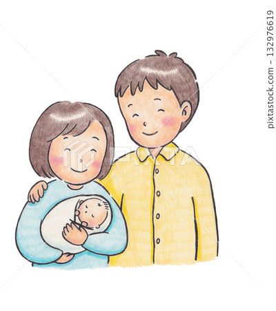 Illustration of a mother and father holding a baby Illustration of a mother and father holding a baby 132976619