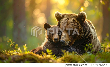 A gentle landscape photo of a mother and baby bear cuddling in the forest 132976844