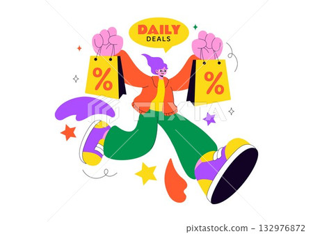 Daily Deals Vector Illustration Showcasing Various Shopping Items with Increasing Discounts, Ideal for Promotions, Sales, and E-Commerce Background Daily Deals Vector Illustration Showcasing Various Shopping Items with Increasing Discounts, Ideal for Promotions, Sales, and E-Commerce Background 132976872