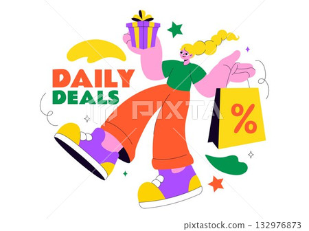 Daily Deals Vector Illustration Showcasing Various Shopping Items with Increasing Discounts, Ideal for Promotions, Sales, and E-Commerce Background 132976873