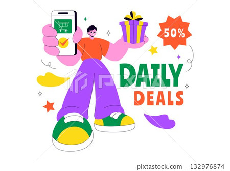 Daily Deals Vector Illustration Showcasing Various Shopping Items with Increasing Discounts, Ideal for Promotions, Sales, and E-Commerce Background Daily Deals Vector Illustration Showcasing Various Shopping Items with Increasing Discounts, Ideal for Promotions, Sales, and E-Commerce Background 132976874