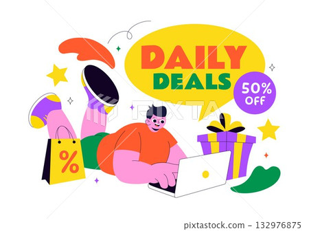 Daily Deals Vector Illustration Showcasing Various Shopping Items with Increasing Discounts, Ideal for Promotions, Sales, and E-Commerce Background 132976875