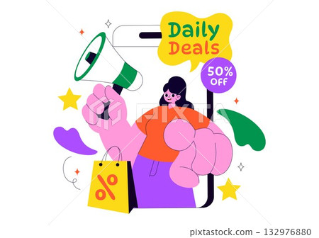 Daily Deals Vector Illustration Showcasing Various Shopping Items with Increasing Discounts, Ideal for Promotions, Sales, and E-Commerce Background 132976880