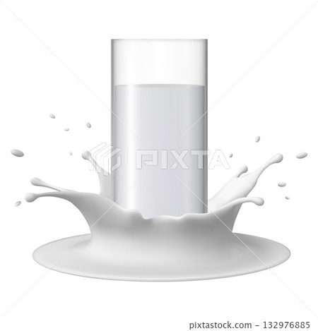 A full glass with spilled milk, splashes, drops, and splashes. A full glass with spilled milk, splashes, drops, and splashes. 132976885
