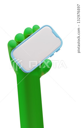 Hand green bright color holding a mobile smartphone with white blank screen 3D vector, arm holding gadget empty screen Hand green bright color holding a mobile smartphone with white blank screen 3D vector, arm holding gadget empty screen 132976897