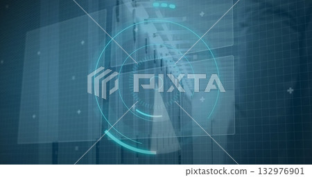 Displaying network equipment and server racks glowing in data center, with translucent UI graphics 132976901