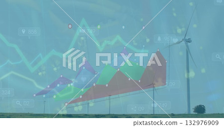 Showing wind turbine spinning on rural grassy plain, with data charts and icon bubbles, copy space 132976909