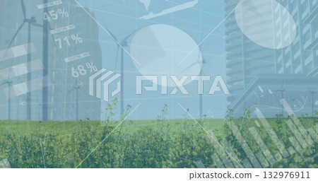 Displaying three white wind turbines rising above grassy field with skyline, with data overlays 132976911