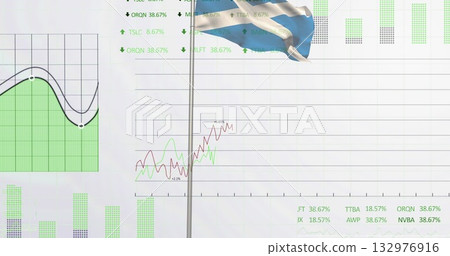 Showing financial charts on screen, with Argentine flag on silver flagpole and green and red trends Showing financial charts on screen, with Argentine flag on silver flagpole and green and red trends 132976916