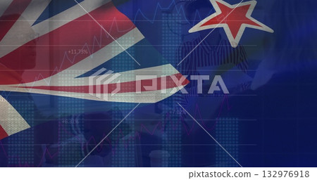 New Zealand flag occupying frame in corporate boardroom, with financial line charts and bar graphs New Zealand flag occupying frame in corporate boardroom, with financial line charts and bar graphs 132976918