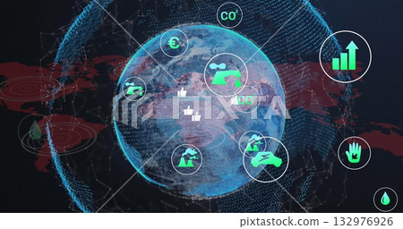 Displaying dotted globe graphic rotating in dark data dashboard, with CO?, factory, car icons 132976926