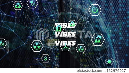 Displaying bold VIBES text repeating over data center, with hexagonal green and white energy icons 132976927