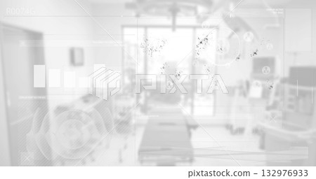 Displaying translucent HUD elements hovering above examination table in lab room, with bar charts 132976933