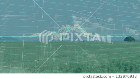Displaying open grassland under pale sky, overlaying grid and waveform charts with data panels 132976938