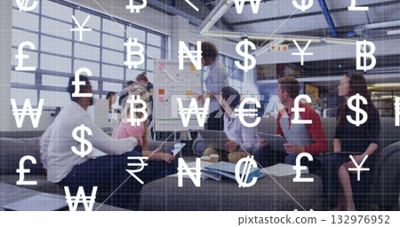 Sharing team ideas in business casual around table in office lounge, flip chart with sticky notes 132976952