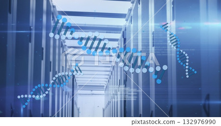 Floating digital DNA helix graphic overlay intersecting server corridor with server racks and LEDs 132976990