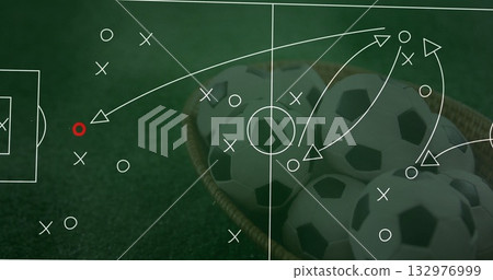 Displaying wicker basket holding soccer balls on turf pitch, with field tactics diagram, copy space Displaying wicker basket holding soccer balls on turf pitch, with field tactics diagram, copy space 132976999