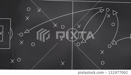 Chalkboard surface displaying tactical soccer strategy in coaching room, with white chalk drawings Chalkboard surface displaying tactical soccer strategy in coaching room, with white chalk drawings 132977002