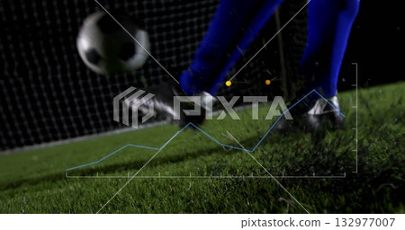 Legs wearing blue tights and cleats kicking soccer ball on grass pitch, with graph overlay Legs wearing blue tights and cleats kicking soccer ball on grass pitch, with graph overlay 132977007