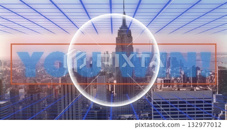 Transparent ring with pixelated YOU WIN hovering over art-deco skyscraper, with blue grid lines Transparent ring with pixelated YOU WIN hovering over art-deco skyscraper, with blue grid lines 132977012
