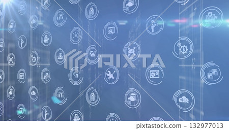 Displaying floating icons overlaying server racks, with cloud chart and security symbols 132977013