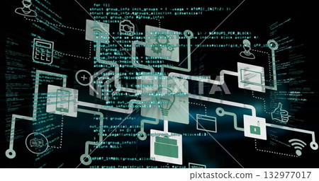 Presenting flow diagram showing floating icons from calculator to computer window in virtual space 132977017