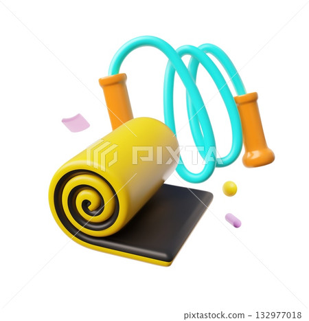 3D jump rope with a yellow mat and confetti, sports equipment. 3D jump rope with a yellow mat and confetti, sports equipment. 132977018