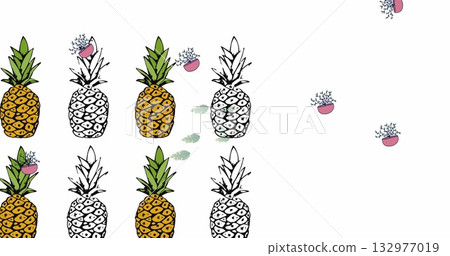 Displaying stylized pineapple pattern on white canvas with pink pots and green leaves, copy space 132977019