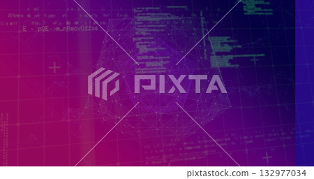 Displaying 3D wireframe polyhedron hovering over grid in UI, with floating code and plus markers 132977034