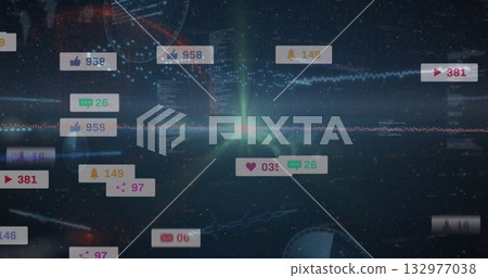 Floating social media metric panels streaming over digital dashboard, with waveform graphs Floating social media metric panels streaming over digital dashboard, with waveform graphs 132977038