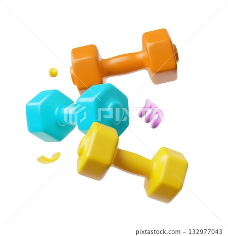 3D poster with blue, yellow, and orange dumbbells and confit. 132977043