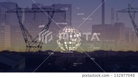 Floating holographic digital globe appearing over industrial area at dusk, with transmission towers Floating holographic digital globe appearing over industrial area at dusk, with transmission towers 132977048