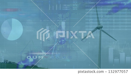 Displaying wind turbine on green hill with pie chart, charts and numeric data grid, copy space 132977057