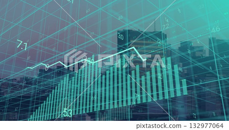 Displaying financial dashboard with 3D grid over city skyline, teal bar chart and white line graph Displaying financial dashboard with 3D grid over city skyline, teal bar chart and white line graph 132977064