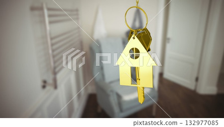 Swinging golden keyring holding brass keys in home foyer, showcasing house-shaped keychain pendant Swinging golden keyring holding brass keys in home foyer, showcasing house-shaped keychain pendant 132977085