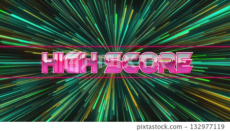 Bursting 3D pink HIGH SCORE text radiating neon light streaks through gaming tunnel Bursting 3D pink HIGH SCORE text radiating neon light streaks through gaming tunnel 132977119