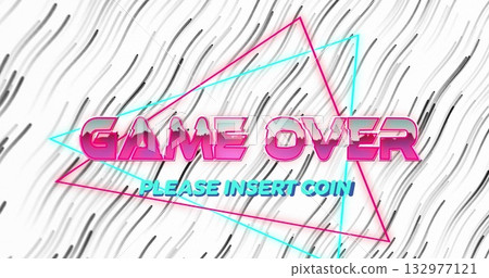 Displaying arcade screen showing pink GAME OVER and cyan PLEASE INSERT COIN with neon triangles Displaying arcade screen showing pink GAME OVER and cyan PLEASE INSERT COIN with neon triangles 132977121