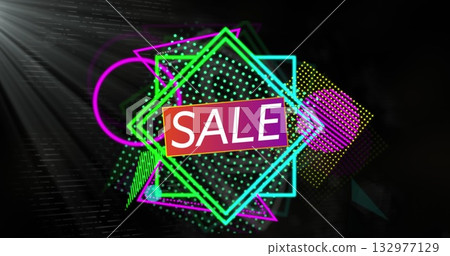 Displaying neon geometric outlines overlapping on dark stage, featuring gradient SALE rectangle 132977129