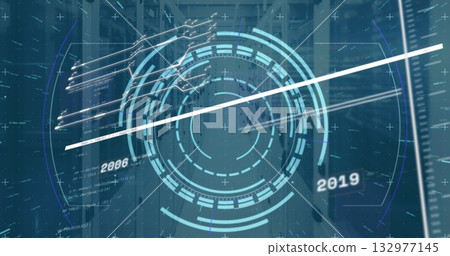 Projecting round HUD over data center racks, with rings, radial markers, streaks, code, year labels Projecting round HUD over data center racks, with rings, radial markers, streaks, code, year labels 132977145